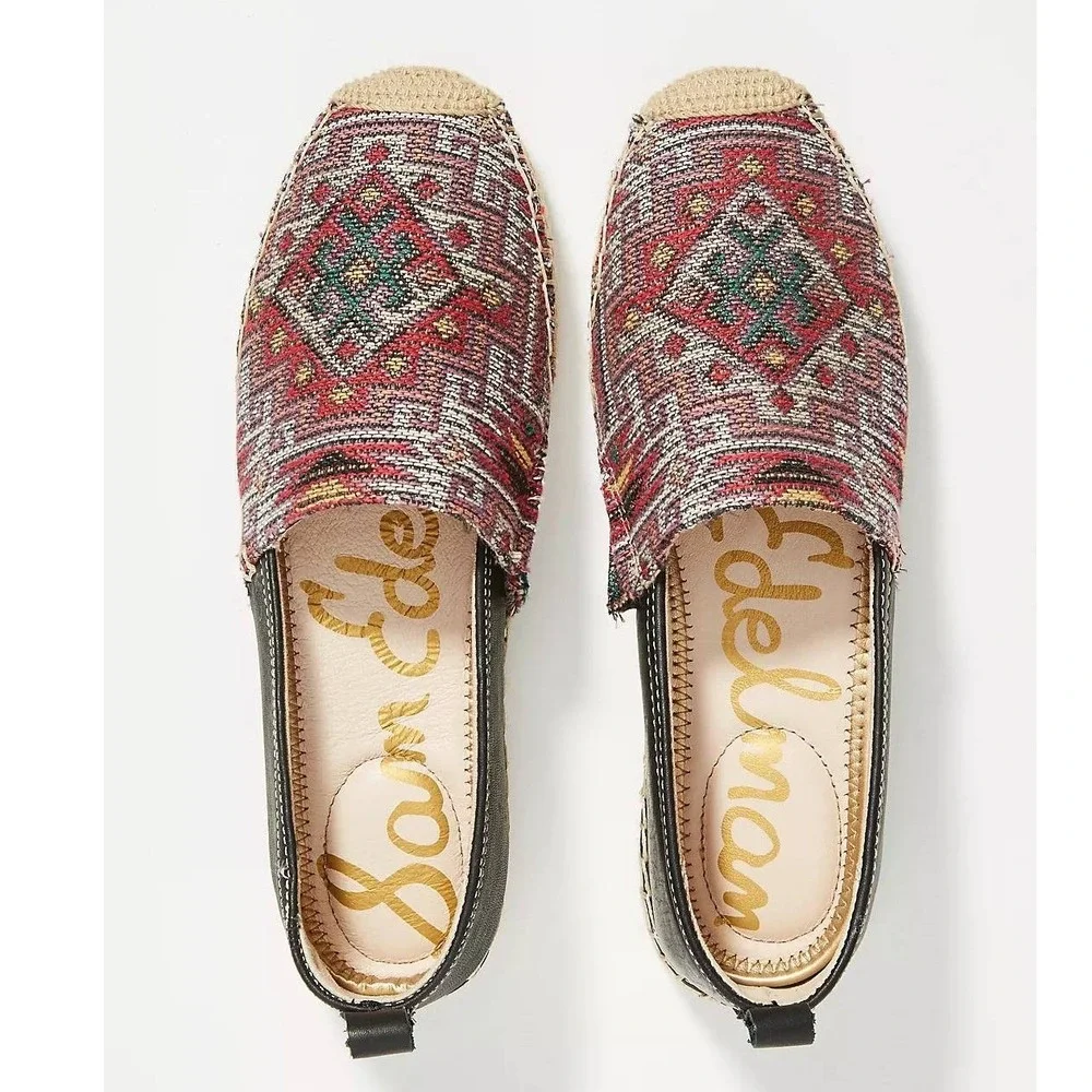 Sam Edelman Khloe Espadrille Flats Women Geo‎ Pattern Black Leather Size 8.5